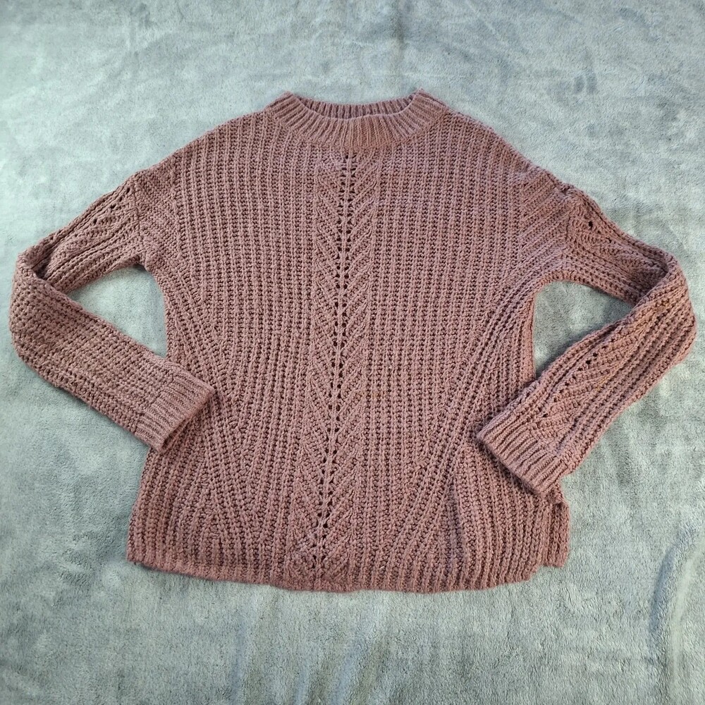 Lucky Brand Sweater Womens Medium Pink Mock Neck Open Knit Pullover Cotton Blend